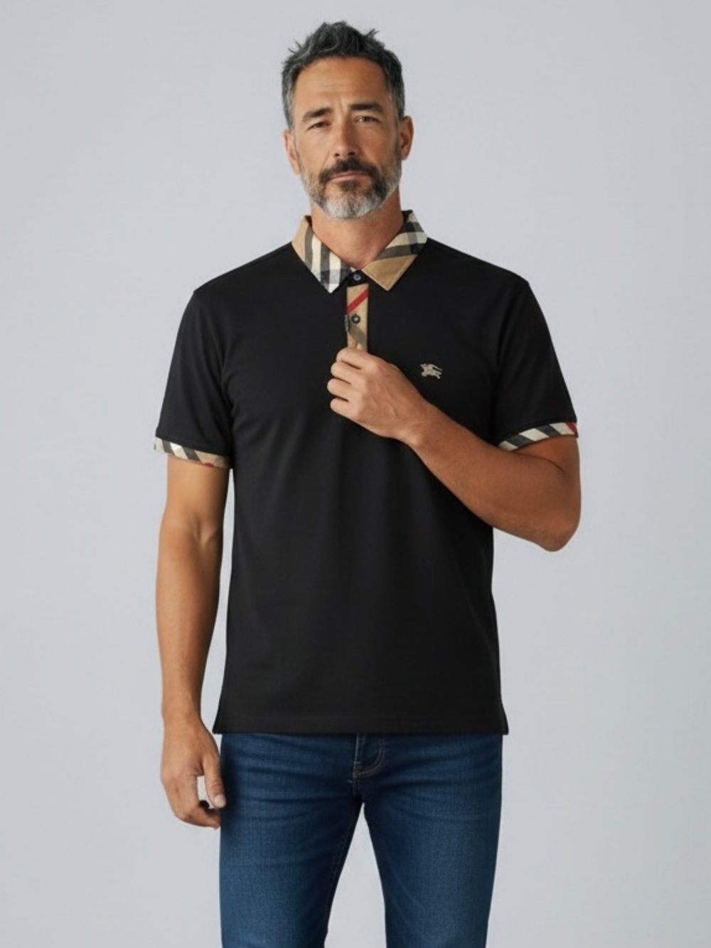 Burberry London Men's Check Collar Cotton Polo Shirt Black
XXL